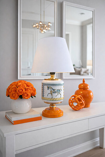 ferayhome Abajur Aydınlatma Seramik Oval Renkli Herm Desen Beyaz Şapka Gold -...