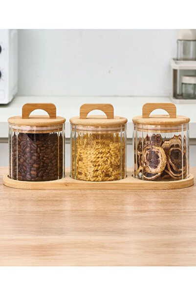 MİEN welcomein 3'lü 600 ml Standlı Cam Kavanoz Saklama Kabı -