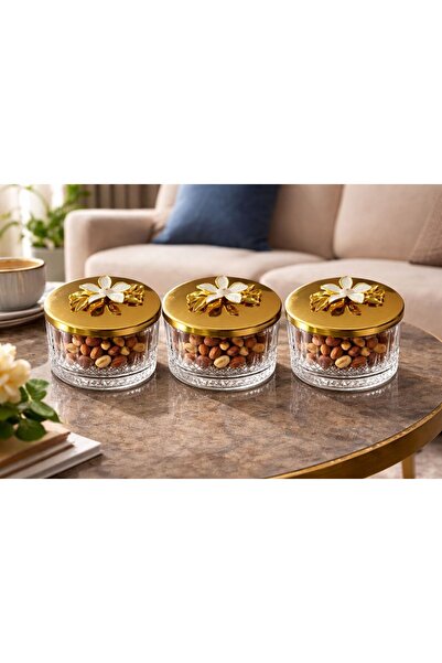 Kitchen Smile Gold Kapaklı 3'lü Elysia Cam Kase - Magnolia, Çerezlik, Baharat...