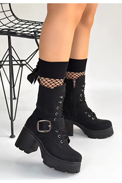 Alfanora Linma Black Nubuck Lace-Up Heeled Boots