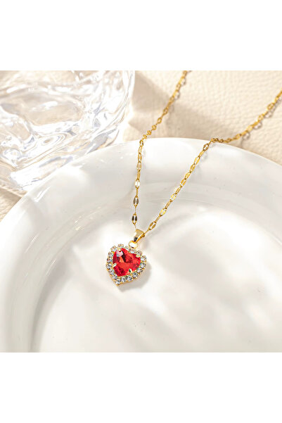 Kracer 18K Gold Plated Heart Necklace, with Red Zirconia Stones, Stainless St...