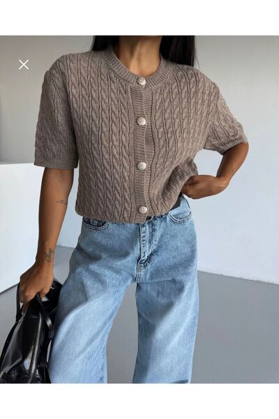 AlanTeks Crew Neck Cable Knit Short Sleeve Women's Knit Cardigan Textured Quality