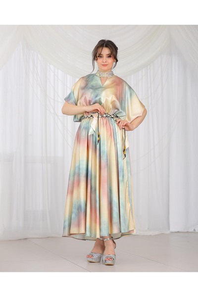 Opera Fashion Ramadan evening jalabiya in marshmallow-colored satin with hand...