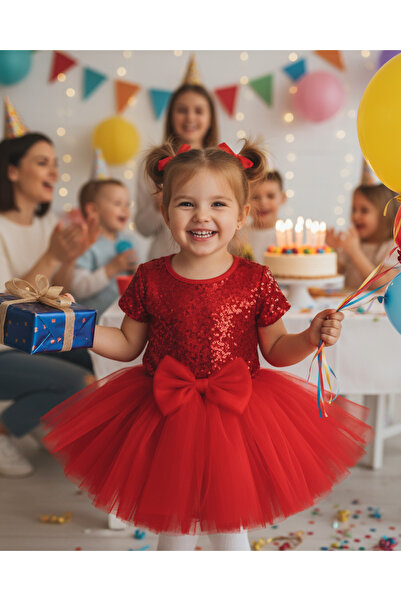 MASEL Kız Çocuk Fiyonk Detaylı Kabarık Doğum Günü Özel Gün Tütü Etek (Kırmızı )