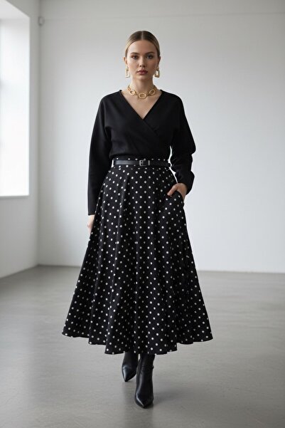 Molly Nelly Kadın Pileli Puantiyeli Uzun Fermuarlı Etek