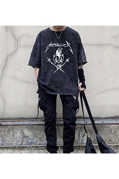 Le Savu Washed Metallica Skull Printed Unisex Oversized Vintage T-Shirt