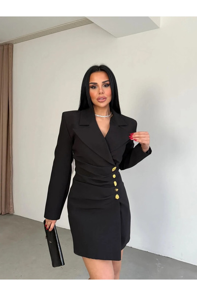 cemo Kadın Siyah Drapeli Kruvaze Yaka Ceket Elbise