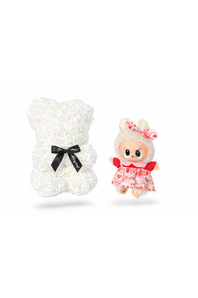 OEM Labubu and Teddy Bear Gift from Roses 25cm with Foam Flowers, in Transpar...