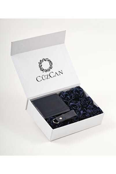 CüzCan Premium Gift Rose Box - Butterfly Navy Blue Genuine Leather Wallet - K...