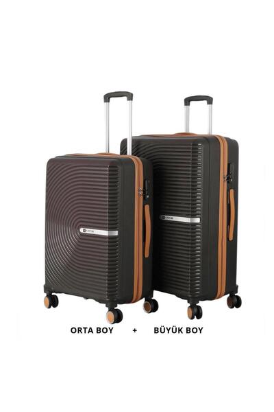 MÇS Bavul Büyük ve Orta 2li Set Kırılmaz Silikon Valiz V374 AcıKahve/Şampanya