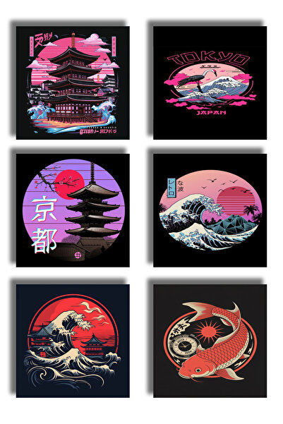 remonz Japan Themed Printed Wooden Coasters 9X9 cm (6 Pcs) Presentation Acces...