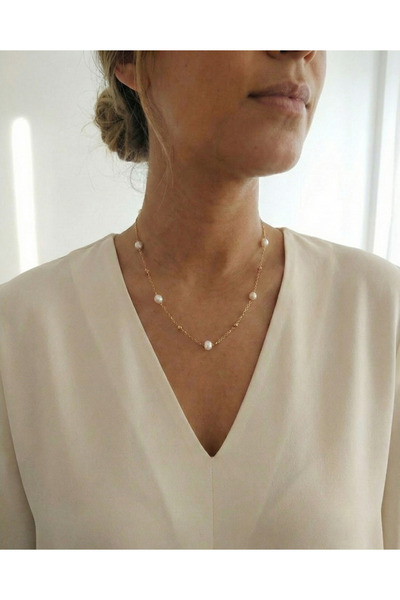 AYTENS TAKI Gerçek Kültür İncisi Dorika Detaylı Gold Renk Çelik Kolye 40cm Ka...