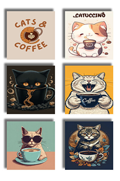 remonz Cat and Coffee Themed Printed Wooden Coasters 9X9 cm (6 Pcs) Presentat...