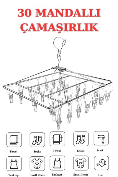 Rabelix Online Marketing Paslanmaz Çelik 30 Mandallı Asklı Çamaşır Kurutma As...