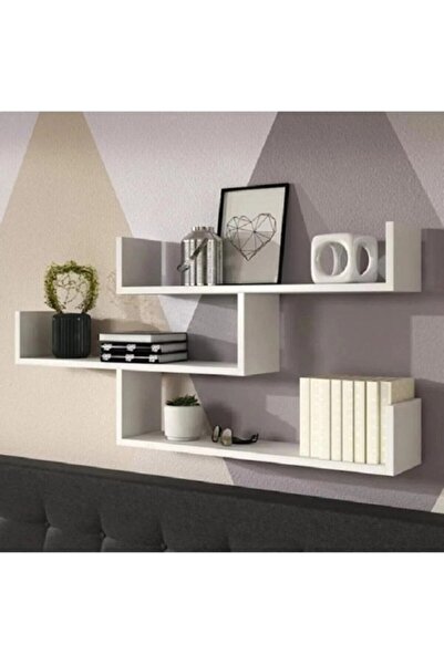 GlowUPMODA Dekoratif Duvar Rafı Kitaplık - Modern Asimetrik 3 Bölmeli Beyaz D...