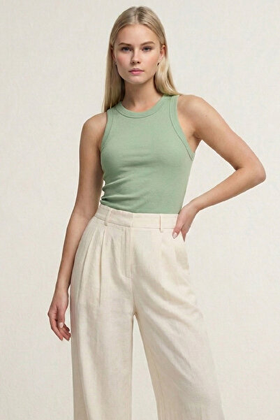 MİO ESTİLO Women's Corded Fabric Basic Halter Neck Ribbed Knit Green Undershi...