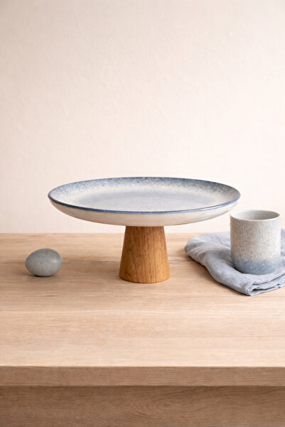 Evila Porselen Ahşap Ayaklı Mavi Sunum Tabağı 28 Cm Çap Pasta Kek Servis Stan...