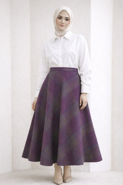 Kirazgym Plaid Patterned Hijab Skirt with Side Zippers - Plum