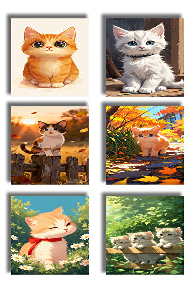 remonz Printed Wooden Coasters with Cat and Kitten Theme 9X9 cm (6 Pcs) Prese...