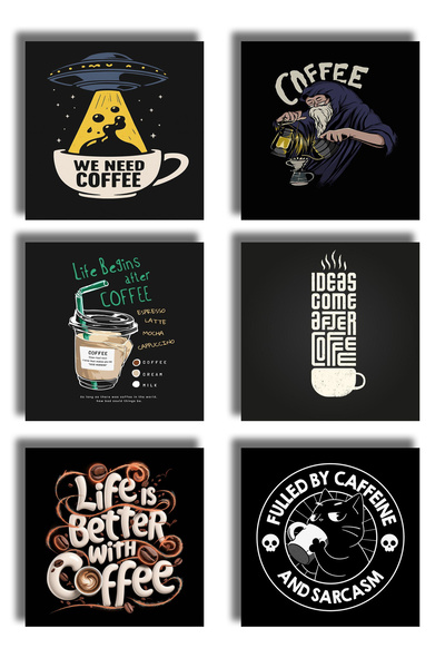 remonz Coffee Themed Printed Wooden Coasters 9X9 cm (6 Pcs) Presentation Acce...