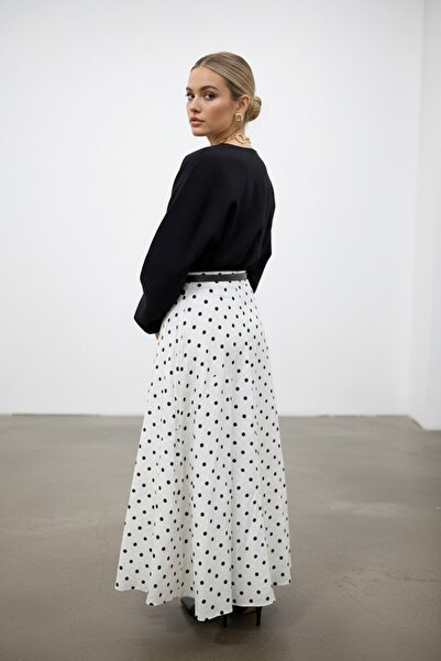 Molly Nelly Kadın Pileli Puantiyeli Uzun Fermuarlı Etek