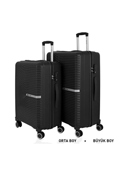 MÇS Bavul Büyük ve Orta 2li Set Kırılmaz Silikon Valiz V374 Siyah