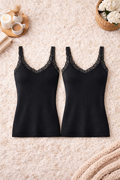 ROZELT Tricou cu bretele din dantelă din lycra neagră din bumbac modal pentru...