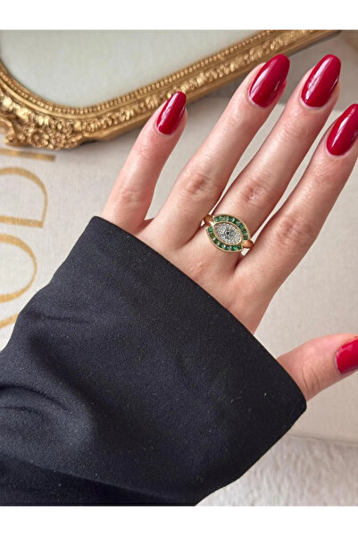 LEROSY CO. 14K Çelik Üzeri Altın Kaplama Çelik Emerald Eye Yüzük
