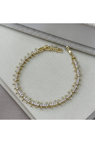 Fashion'S Kadın Altın Kaplama Zirkon Taşlı Minimalist Modern Sıralı Çelik Bil...