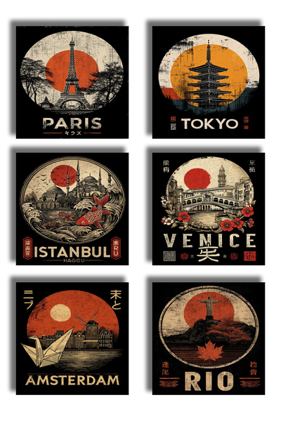 remonz Big Cities Themed Printed Wooden Coasters 9X9 cm (6 Pcs) Presentation ...