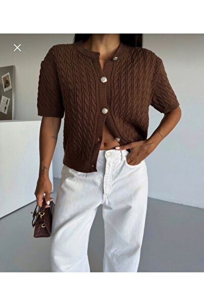 AlanTeks Crew Neck Hair Knit Short Sleeve Women's Knitwear Cardigan Textured ...