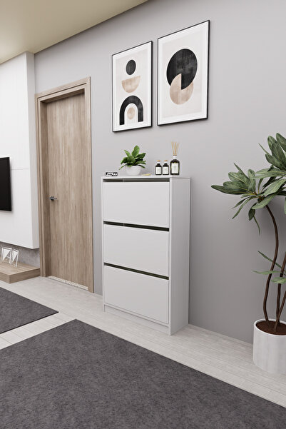Mirobi Kembe 3 Bölmeli Açılır Modern Dekoratif Ayakkabılık Beyaz