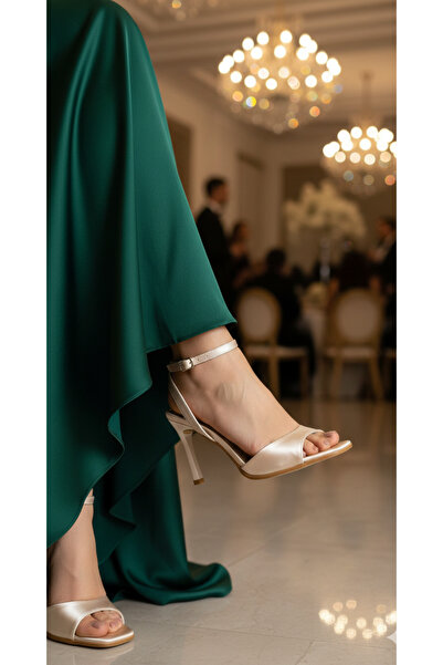 guijarro Women's Thin Gold Satin Heeled Sandals - Skin Leather Ankle-Strap St...