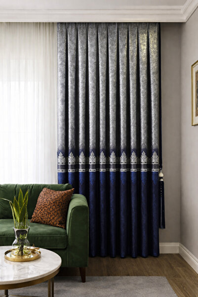 Fluiana Pano Fon Perde Sık Pile Dikim|Lacivert Gümüş Renk|Desen Nakışlı Black...