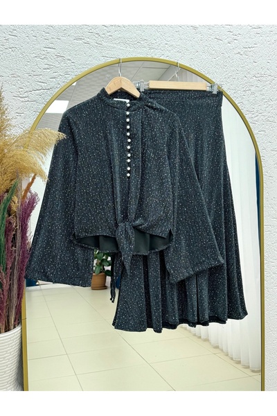 BENAHOLL Karaca Pearl Buttoned Front Tied Stone Skirt Set-Ek754 Anthracite