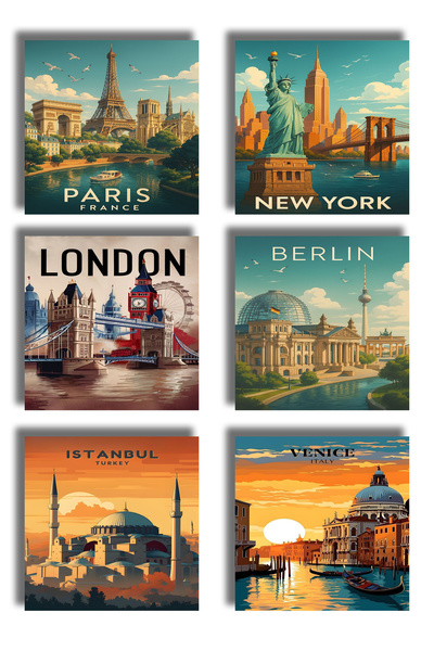 remonz Big Cities Themed Printed Wooden Coasters 9X9 cm (6 Pcs) Presentation ...