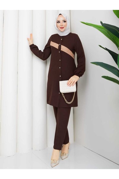 NURSİDA Women's Stone Detailed Tunic Pants Double Set