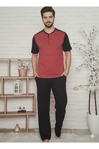 MODA Κόκκινο ανδρικό σετ πιτζάμες με τρία κουμπιά μπροστά, έξι ίσια κουμπιά σ...