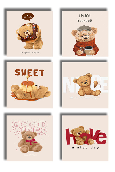 remonz Teddy Bear Themed Printed Wooden Coasters 9X9 cm (6 Pcs) Presentation ...