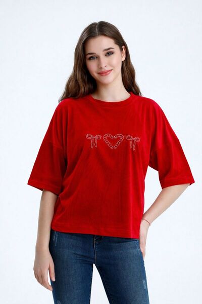 Clyfora Stone Detailed Short Sleeve Velvet T-Shirt