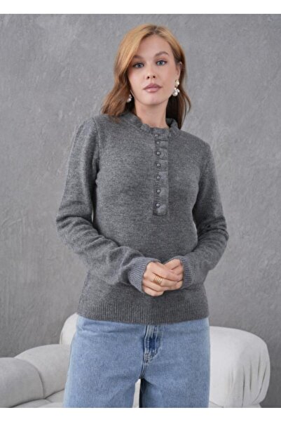 fuşyha butik Buttoned Half Placket Crew Neck Anti-Pilling Knit Sweater