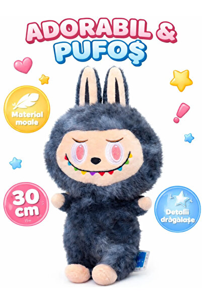 ABYZ Jucărie de pluș Labubu Monstru drăguț 30 cm, negru, design unic cu zâmbe...