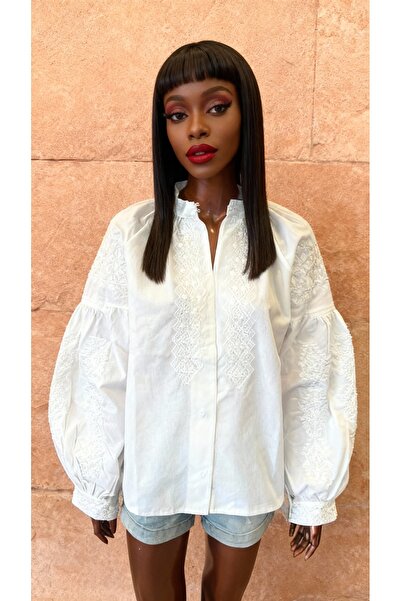 Matcha Butik Women's White Embroidered Sleeve Detailed Vintage Shirt