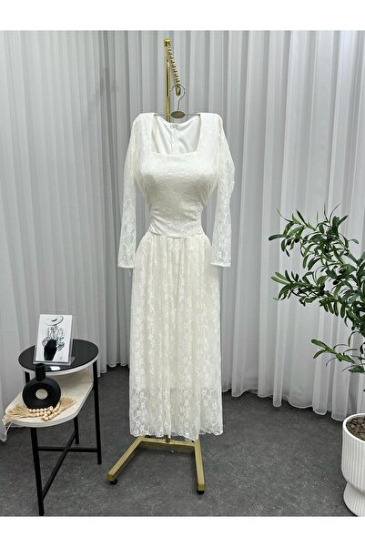 haninline فستان ناعم ميد ابيض