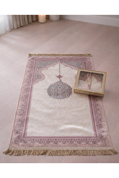 Bilenler Mihrap Patterned Velvet Prayer Rug & Boxed 99 Pearl Prayer Beads Set