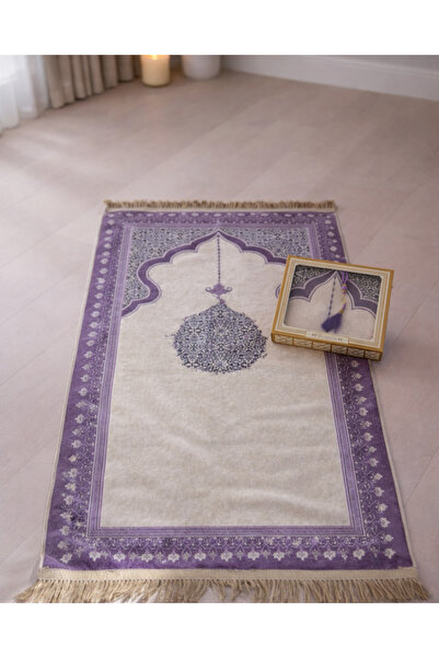 Bilenler سجادة صلاة مخملية منقوشة على شكل محراب ومجموعة مسبحة لؤلؤية مكونة من...