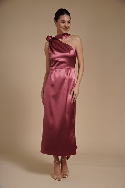 Velinna Elegant Baby Blue satin off-the-shoulder midi dress with floral detai...