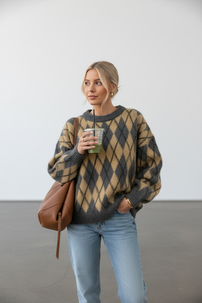 mahira collection Women's Baklava Pattern Fleece-Lined Knitwear Sweater