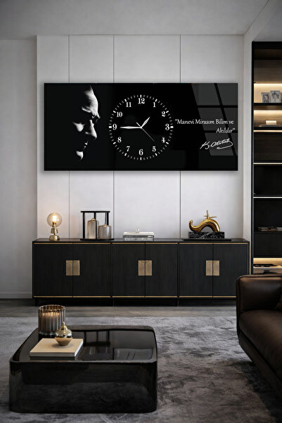 Olinpa KIRILMAZ CAM DUVAR SAATİ , HEM TABLO HEM SAAT ATATÜRK SİYAH BEYAZ PORT...