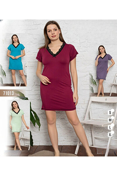 turkish Women's plain V-neck nightgown with lace trim and short sleeves